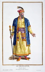 Aurengzeb, Grand Khan des Hordes Mongoles de Recuil des Estampes, représentant les Rangs et les Dignités, suivant le Costume de toutes les nations existantes, publié en 1780 (gravure en couleur)