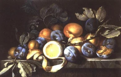 Nature morte avec des prunes et un citron pelé (une paire)