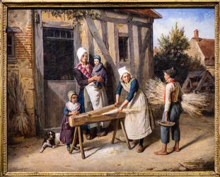 La famille du fermier (Paysans occupés à préparer le chanvre devant la porte d