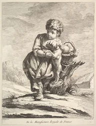 Enfant avec un chien, tenant un panier de raisins, de Premier Livre de Figures