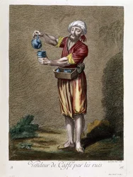Vendeur de café dans les rues, «Recueil de 100 estampes représentant différentes nations du Levant en 1707 et 1708», par ordre de M. de Ferriol, ambassadeur du roi auprès de la Porte, et mis à jour en 1712-13 par les soins de M. Le Hay, graveur Basan