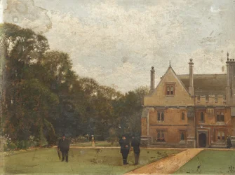 Dans les jardins du Magdalen College, Dr Fisher (Fellow), J. Henderson (Bursar) et le Major-Général Rigaud au premier plan