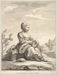 Petite fille tenant des raisins avec un panier à ses côtés, de Deuxième Livre de...