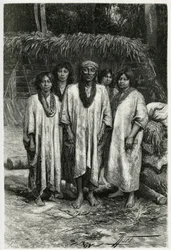 Chef Lacandon et types Lacandon, peuple maya vivant dans les jungles du Chiapas (Mexique). Gravure par P. Fritel, pour illustrer l