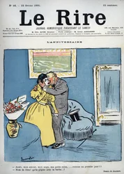 Anniversaire - Anaïs, mon amour, mon ange, ma petite reine, comme au premier jour !!! - Jésus-Christ ! Tu piques avec ta barbe ! - dessin de Pierre Georges Jeanniot (1848-1934) pour « Le Rire » du 23 février