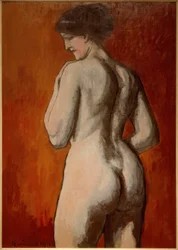 Nu féminin sur fond rouge