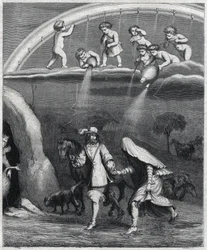 Énée et Didon surpris par la pluie dans la forêt. Illustration de « Virgile travesti » par Paul Scarron (1610-1660), une parodie de « L
