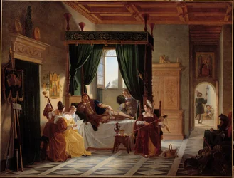 La convalescence de Bayard. Le chevalier Pierre Terrail, seigneur de Bayard (1476-1524) en convalescence après le siège de Brescia. Peinture par Pierre Henri Revoil (1776-1842) 19ème siècle