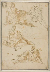 Croquis de quatre figures féminines drapées (pour pendentifs)