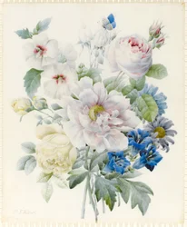 Un bouquet de fleurs comprenant une pivoine, des roses, un hibiscus, des asters, une gentiane et un papillon bleu imaginaire