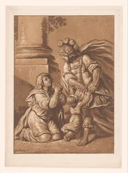 Soldat menaçant avec femme et enfant suppliants
