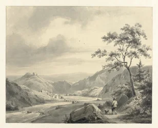 Paysage vallonné avec chasseur et chien sur le chemin