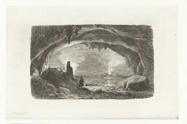 Homme avec barque dans les grottes de Han