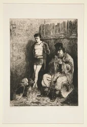 Deux hommes et deux chiens (