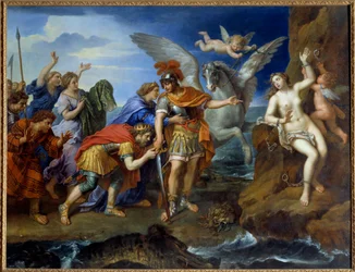 Persée délivrant Andromède. Andromède enchaînée à un rocher est délivrée par Persée et sauve le monstre marin. Peinture de Pierre Mignard (1612-1695) XVIIe siècle