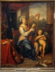 Sainte Cécile chantant les louanges du Seigneur. La sainte joue de la harpe et est entourée d