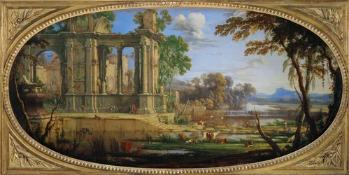 Paysage compose avec ruines antiques - Landscape with antique ruins …