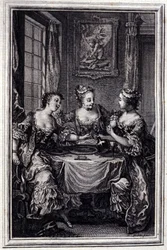 La Gageure des trois commères - dans « Contes et nouvelles en vers » de Jean La Fontaine. 1776. Illustration de P.P. Choffard.