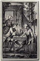 Le raccommodeur de moules. Dans « Contes et nouvelles en vers » par Jean de La Fontaine, Amsterdam 1776. Illustré par P.P. Choffard