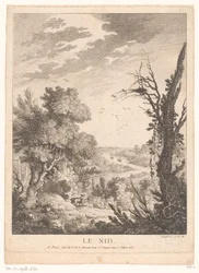 Paysage avec cerfs, lapins et oiseaux avec une rivière en arrière-plan