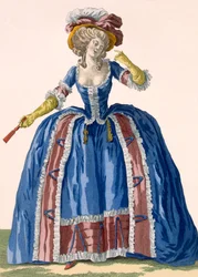 Robe à cerceaux de style anglais en bleu électrique avec bordure froncée bordeaux, gravée par Bacquoy, planche no.182 de 