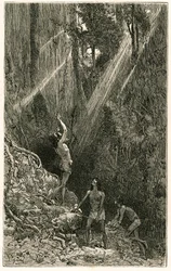 Indiens Suno, des rives du fleuve Napo (Amazonie), chassant à la sarbacane. Gravure de Vignal, pour illustrer l