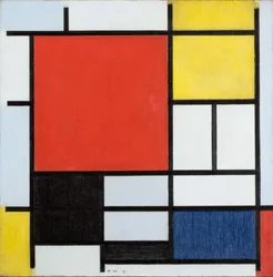 Composition avec grand plan rouge, jaune, noir, gris et bleu