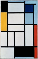 Composition avec rouge, noir, jaune, bleu et gris