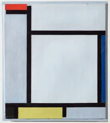 Composition avec rouge, bleu, noir, jaune et gris