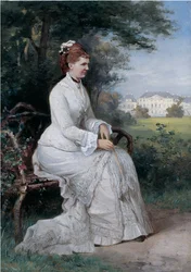Portrait de la princesse Emma von Waldeck-Pyrmont assise sur un banc dans le parc du Palais Het Loo