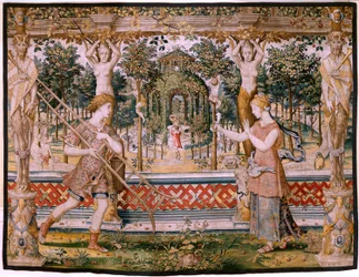Vertumne et Pomone; Vertumne transformé en jardinier (cinquième tapisserie de la série)