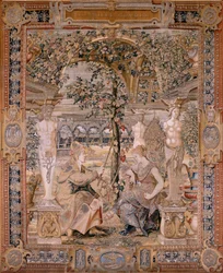 Tapisserie flamande. Série Vertumne et Pomone. Vertumne transformé en vieille femme. Sixième tapisserie de la série. Modèle Cercle de Pieter Coecke van Aelst. Manufacture Wilhelm Pannemaker, Bruxelles. Vers 1545-1550.