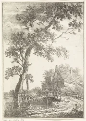 Paysage avec arbre, pont et maison