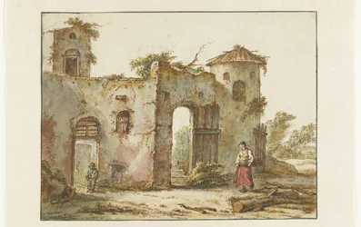 Bâtiment en ruine avec une ramasseuse de bois à droite