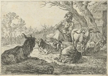 Bergère au milieu de chèvres et de moutons