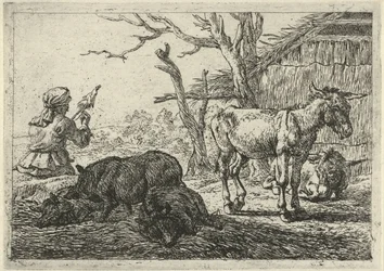 Femme filant, cochons et ânes