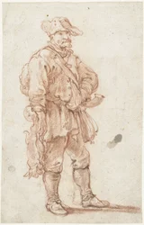 Chasseur debout avec deux lièvres morts