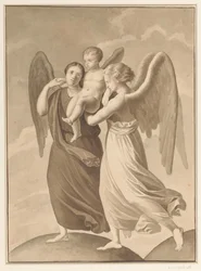 Deux anges portant un enfant à travers la séparation de deux mondes représentés comme des sphères