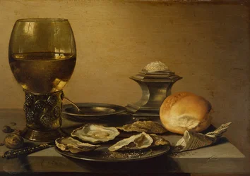 Nature morte de petit-déjeuner avec huîtres, pain salé et noix