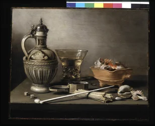 Nature morte avec une cruche en grès, Berkemeyer et ustensiles de fumeur