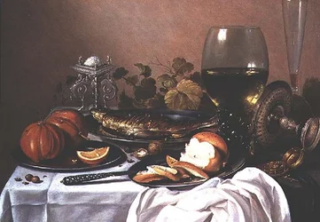 Nature morte avec maquereau, citrouille et pain