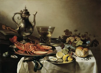 Table avec homard, pichet en argent, grand Berkemeyer, coupe de fruits, violon et livres