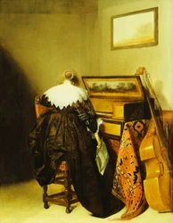 Une dame assise vue de dos devant un virginal
