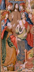 Tapisserie flamande. Série Épisodes de la vie de la Vierge. Les prophéties se réalisent à la naissance du Christ. Première tapisserie de la série. Modèles attribués à Jan von Roome (ou van B