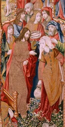 Tapisserie flamande. Série Épisodes de la vie de la Vierge. Les prophéties se réalisent à la naissance du Christ. Première tapisserie de la série. Modèles attribués à Jan von Roome (ou van B