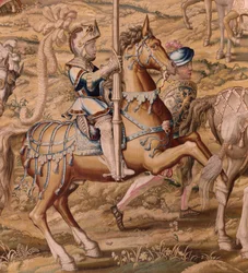 Série La Conquête de Tunis. Revue des troupes à Barcelone. Deuxième tapisserie de la série. Modèle Jan Vermeyen et Pieter Coecke van Aelst. 1543-1548. Manufacture Real Fábrica de Tapices de Santa Bárbara, Madrid