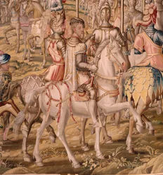 Tapisserie flamande. Série La Conquête de Tunis; Revue des troupes à Barcelone. Deuxième tapisserie de la série. Modèle Jan Vermeyen et Pieter Coecke van Aelst. 1543-1548. Manufacture Real Fábrica de Tapices de Sant