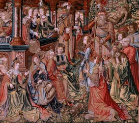 Tapisserie flamande. Série Les Honneurs. Vertu. Huitième tapisserie de la série. Modèle Dessinateurs du cercle de Bernard van Orley et Jan Gossaert (Mabuse). Manufacture Pieter van Aelst, Bruxelles. Vers 1550