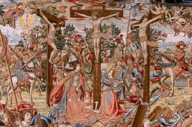 Tapisserie flamande. Série La Passion du Christ; le chemin du Calvaire et la rencontre avec Véronique (Camino del Calvario y encuentro con la Verónica). Première des tapisseries conservées par le Patrimoine national. Cartonniers des modèles de l