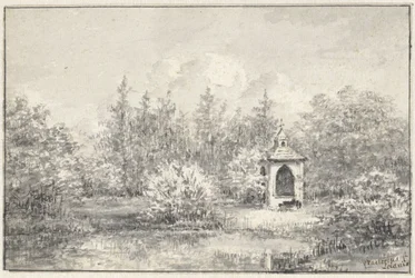 Vue dans le parc de Leiduin, avec une petite maison entre les arbres